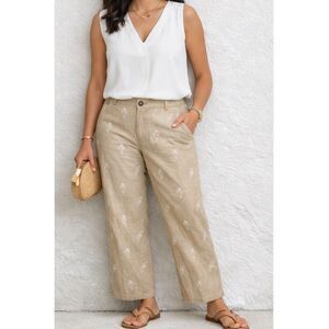Calligraphie Beige Embroidered Paisley Pants 6 Linen Rayon Blend Summer Casual